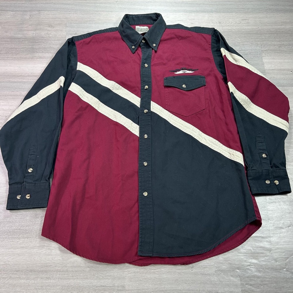 Express Riders Shirt Mens Medium Burgundy Black Western Long Sleeve Button Up